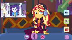 Size: 1336x752 | Tagged: safe, screencap, rarity, sunset shimmer, equestria girls, equestria girls series, festival looks, g4, spoiler:eqg series (season 2), clothes, couch, cutie mark on clothes, geode of empathy, headphones, jacket, jeans, magical geodes, pants, picture-in-picture, rarity's bedroom, sunset's apartment, webcam