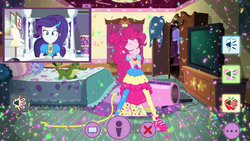 Size: 1336x752 | Tagged: safe, screencap, gummy, pinkie pie, rarity, equestria girls, equestria girls series, festival looks, g4, spoiler:eqg series (season 2), armoire, bed, clothes, confetti, dress, party cannon, pinkie pie's bedroom (equestria girls), pinkie puffs, rarity's bedroom, shoes, sneakers, television, webcam, wristband