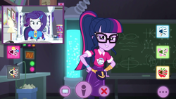 Size: 1336x752 | Tagged: safe, screencap, rarity, sci-twi, twilight sparkle, equestria girls, equestria girls series, festival looks, g4, spoiler:eqg series (season 2), chalkboard, clothes, fanny pack, glasses, laboratory, picture-in-picture, ponytail, rarity's bedroom, shirt, skirt, twilight's lab, webcam, wristband