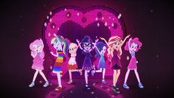 Size: 1920x1080 | Tagged: safe, screencap, applejack, fluttershy, pinkie pie, rainbow dash, rarity, sci-twi, sunset shimmer, twilight sparkle, equestria girls, equestria girls series, g4, i'm on a yacht, spoiler:eqg series (season 2), armpits, arms in the air, clothes, cruise concert outfit, cute, dashabetes, diapinkes, dress, feet, female, group photo, happy, humane five, humane seven, humane six, jackabetes, legs, neon eg logo, open-toed shoes, raribetes, sandals, shimmerbetes, shyabetes, sleeveless, smiling, twiabetes