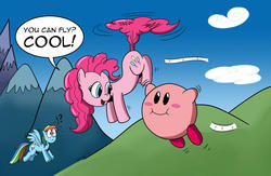 Size: 1280x834 | Tagged: safe, artist:cartoon-eric, pinkie pie, rainbow dash, puffball, g4, crossover, flying, kirby, kirby (series), mountain, nintendo, pinkie being pinkie, pinkie physics, signature, tailcopter