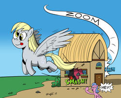 Size: 900x729 | Tagged: safe, artist:cartoon-eric, derpy hooves, pegasus, pony, g4, crash, flying, house, signature, whoops
