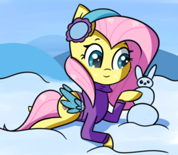 Size: 2333x2030 | Tagged: safe, artist:artiks, fluttershy, pegasus, pony, g4, cheek fluff, clothes, cute, earmuffs, female, high res, lying down, mare, prone, shyabetes, snow, snowbunny, solo, sweater, wing warmers