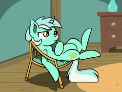 Size: 1280x960 | Tagged: safe, artist:flutterluv, lyra heartstrings, pony, unicorn, g4, chair, female, lounging, ponified animal photo, slouching, smiling, solo