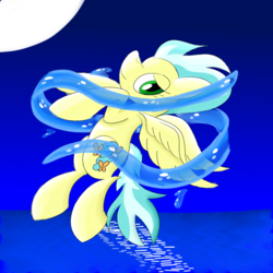 Size: 1500x1500 | Tagged: safe, artist:notadeliciouspotato, misty fly, pegasus, pony, g4, female, flying, lidded eyes, looking at you, mare, moon, smiling, solo, spread wings, water, wings