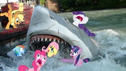 Size: 1280x720 | Tagged: safe, applejack, fluttershy, pinkie pie, rainbow dash, rarity, twilight sparkle, earth pony, pegasus, pony, shark, unicorn, g4, 1000 years in photoshop, abuse, applejack's hat, cowboy hat, crying, derp, female, flutterbuse, food chain, hat, imminent vore, irl, jaws, jaws ride, link in source, mare, open mouth, panicking, photo, ponies in real life, predation, predator, prey, ride, theme park, theme park ride, this will end in death, thumbnail, unicorn twilight, universal studios, water, wet mane