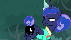 Size: 1920x1080 | Tagged: safe, screencap, princess luna, alicorn, pony, between dark and dawn, g4, alternate hairstyle, butt, clothes, ethereal mane, eyeshadow, female, folded wings, hair bun, hawaiian shirt, looking at self, makeup, mare, moonbutt, one eye closed, pain, plot, ponytail, shirt, solo, starry mane, tail bun, wavy mouth, wings