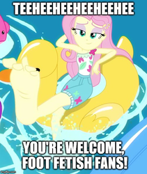 Size: 500x593 | Tagged: safe, edit, edited screencap, editor:logan jones, screencap, fluttershy, equestria girls, g4, i'm on a yacht, my little pony equestria girls: better together, barefoot, caption, cropped, feet, female, fetish fuel, floaty, flutterfeet, foot focus, image macro, meme, pool toy, soles, swimming pool, tea gardner, text, toes, wiggling toes, yu-gi-oh! abridged