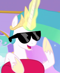 Size: 772x945 | Tagged: safe, screencap, princess celestia, alicorn, pony, between dark and dawn, g4, cropped, crown, female, glasses, glowing horn, horn, jewelry, mare, regalia, smiling, sunglasses, swag