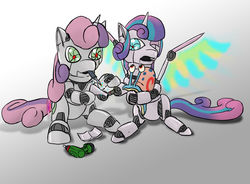 Size: 1920x1410 | Tagged: safe, artist:lizardwithhat, princess flurry heart, sweetie belle, alicorn, pony, robot, robot pony, unicorn, g4, crossover, female, fixing, flurry bot, gary the snail, mouth hold, power drill, roboticization, scared, spongebob squarepants, sweetie bot, tools, updated image, welder, welding