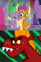 Size: 962x1469 | Tagged: safe, artist:queencold, edit, screencap, garble, smolder, spike, twilight sparkle, alicorn, dragon, pony, g4, sweet and smoky, angry, anime face, bad idea, big brother instinct, cute, dragoness, female, friends, male, meme, shipping fuel, shocked, side hug, smolderbetes, spikabetes, teenaged dragon, this will end in death, this will end in pain, this will end in tears, this will not end well, triggered, twilight sparkle (alicorn)