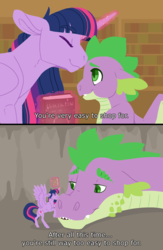 Size: 2480x3800 | Tagged: safe, artist:jackiebloom, spike, twilight sparkle, alicorn, dragon, pony, g4, adopted offspring, adult, adult spike, book, eyes closed, female, high res, kissing, magic, magic aura, male, mama twilight, mare, mother's day, nuzzling, older, older spike, size difference, telekinesis, twilight sparkle (alicorn)