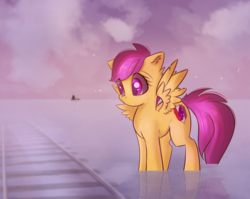 Size: 2220x1764 | Tagged: safe, artist:autumnvoyage, scootaloo, pegasus, pony, g4, boat, cloud, female, filly, railroad, reflection, sky, solo, spirited away, spread wings, water, wings