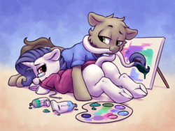 Size: 2122x1594 | Tagged: safe, artist:chromaskunk, artist:dimfann, oc, oc only, oc:dim, oc:yodi, classical unicorn, earth pony, pony, unicorn, abstract art, abstract background, butt, clothes, cloven hooves, collaboration, gay, hoodie, horn, leonine tail, male, misleading thumbnail, modern art, not rarity, painting, plot, unshorn fetlocks