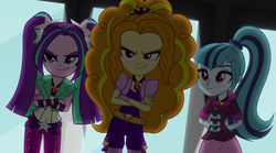 Size: 1280x714 | Tagged: safe, screencap, adagio dazzle, aria blaze, sonata dusk, human, equestria girls, g4, my little pony equestria girls: rainbow rocks, >:), clothes, crossed arms, evil smile, female, grin, high ponytail, jewelry, long hair, necklace, pigtails, ponytail, pure unfiltered evil, smiling, smirk, the dazzlings, twintails