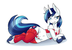 Size: 1725x1200 | Tagged: safe, alternate version, artist:ambris, shining armor, unicorn, semi-anthro, g4, bedroom eyes, belly button, canada, canadian flag, clothes, commission, commissioner:alkonium, draw me like one of your french girls, female, gleaming shield, leg warmers, lying down, mare, panties, rule 63, sexy armor, simple background, smiling, socks, solo, tank top, thigh highs, thong, underwear, unshorn fetlocks, white background