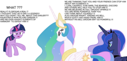 Size: 1500x720 | Tagged: safe, princess celestia, princess luna, twilight sparkle, alicorn, pony, g4, my little pony: friendship is magic, season 9, dialogue, engrish, floppy ears, grammar error, twilight sparkle (alicorn)