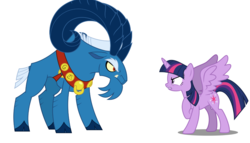 Size: 1260x720 | Tagged: safe, grogar, twilight sparkle, alicorn, pony, g4, cloven hooves, duo, female, male, mare, ram, simple background, twilight sparkle (alicorn), vector, white background