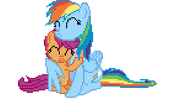 Size: 1136x639 | Tagged: safe, artist:legoguy87, rainbow dash, scootaloo, pegasus, pony, g4, eyes closed, hug, pixel art, scootalove, simple background, white background, winghug