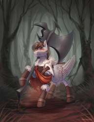 Size: 2500x3260 | Tagged: safe, artist:fenwaru, oc, oc only, pegasus, pony, axe, bandaged leg, clothes, commission, dark, forest, glowing eyes, high res, looking at you, male, scowl, stallion, weapon, ych result