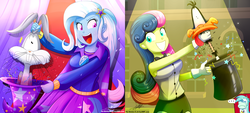 Size: 2120x960 | Tagged: safe, artist:the-butch-x, edit, bon bon, lyra heartstrings, sweetie drops, trixie, all's fair in love & friendship games, equestria girls, g4, background human, bugs bunny, cartoon physics, daffy duck, hat, looking at you, looney tunes, magic trick, male, open mouth, smiling
