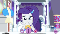 Size: 1280x720 | Tagged: safe, screencap, rarity, equestria girls, equestria girls series, festival looks, g4, spoiler:eqg series (season 2), bed, cheek squish, clothes, cute, geode of shielding, jacket, keyboard, lamp, looking at you, magical geodes, mannequin, raribetes, rarity is a marshmallow, rarity's bedroom, smiling, squishy cheeks, webcam