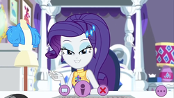 Size: 1280x720 | Tagged: safe, screencap, rarity, equestria girls, equestria girls series, festival looks, g4, spoiler:eqg series (season 2), bed, clothes, female, geode of shielding, jacket, keyboard, lamp, lidded eyes, looking at you, magical geodes, mannequin, rarity's bedroom, smiling, solo