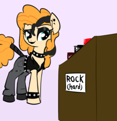 Size: 1773x1833 | Tagged: safe, artist:wenni, pear butter, earth pony, pony, g4, belt, black lipstick, clothes, collar, commission, dyed mane, ear piercing, earring, eyeshadow, female, goth, hard rock, industrial piercing, jeans, jewelry, lipstick, makeup, mare, metal, music, pants, piercing, ripped pants, rock (music), simple background, sleeveless, smiling, socks, solo, spiked belt, spiked collar, spiked wristband, stonewashed jeans, tail wrap, wristband