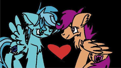 Size: 1094x615 | Tagged: safe, artist:christle-flyer-ssl, scootaloo, oc, oc:christle flyer, pegasus, pony, g4, black background, canon x oc, christaloo, colt, crystal eyes, female, filly, foal, heart, looking at each other, male, shipping, simple background, smiling, straight, wings