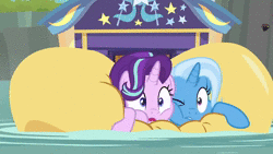 Size: 1920x1080 | Tagged: safe, screencap, starlight glimmer, trixie, pony, unicorn, g4, road to friendship, animated, cheek squish, cheek to cheek, cute, diatrixes, eye contact, female, friendshipping, ghastly gorge, glimmerbetes, i guess we're stuck together, inflatable, inflatable raft, looking at each other, loop, mare, no sound, prone, raft, river, shipping fuel, snuggling, squished, squishy cheeks, trixie's wagon, wagon, water, we're friendship bound, webm