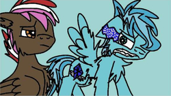 Size: 1097x618 | Tagged: safe, artist:christle-flyer-ssl, oc, oc:christle flyer, oc:orion comet, pegasus, pony, angry, blue background, colt, crystal eyes, female, filly, foal, looking at each other, male, sad, simple background, sombra eyes, wings