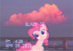 Size: 1029x720 | Tagged: artist needed, safe, pinkie pie, earth pony, pony, g4, 420, 420 blaze it, aesthetics, female, head tilt, mare, sitting, smiling, solo, timestamp, vhs, wallpaper