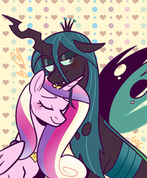 Size: 1161x1400 | Tagged: safe, artist:waackery, princess cadance, queen chrysalis, alicorn, changeling, changeling queen, pony, g4, blushing, crown, eyes closed, fangs, female, floppy ears, heart, hug, infidelity, jewelry, lesbian, lidded eyes, mare, peytral, regalia, ship:cadalis, shipping, smiling, spread wings, wings