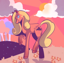 Size: 1280x1259 | Tagged: safe, artist:waackery, berry bright, earth pony, pony, g2, cloud, female, flower, mare, outdoors, solo, sun, tree