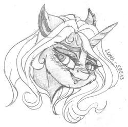 Size: 1218x1205 | Tagged: safe, artist:dimidiummorsumbra, princess luna, pony, between dark and dawn, g4, alternate hairstyle, bedroom eyes, blushing, head only, sketch, tongue out
