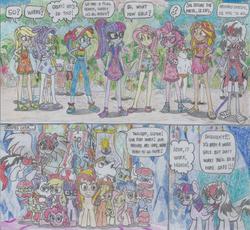 Size: 2482x2288 | Tagged: safe, artist:nephilim rider, applejack, bulk biceps, chelsea porcelain, derpy hooves, flash sentry, fluttershy, lily pad (g4), lyra heartstrings, mr. waddle, pinkie pie, rainbow dash, rarity, sandalwood, sci-twi, sunset shimmer, twilight sparkle, oc, oc:heaven lost, alicorn, unicorn, equestria girls, equestria girls specials, g4, my little pony equestria girls: better together, my little pony equestria girls: spring breakdown, background human, clothes, equestria girls ponified, feet, female, geode of fauna, high res, magical geodes, male, nephilim, partial nudity, sandals, topless, traditional art, twilight sparkle (alicorn), unicorn sci-twi, unnamed character, unnamed human