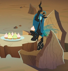 Size: 502x522 | Tagged: safe, screencap, queen chrysalis, changeling, changeling queen, frenemies (episode), g4, concave belly, cropped, cupcake, cute, cutealis, eating, female, food, lanky, profile, skinny, solo focus, tall, that changeling sure does love cupcakes, thin