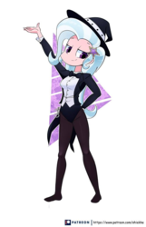 Size: 619x960 | Tagged: safe, artist:ohiekhe, trixie, human, g4, abstract background, bowtie, clothes, female, hat, humanized, lidded eyes, light skin, pantyhose, smiling, solo, top hat