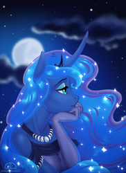Size: 860x1180 | Tagged: safe, artist:ladychimaera, princess luna, alicorn, anthro, g4, bare shoulders, beautiful, breasts, bust, clothes, cloud, crown, cute, ethereal mane, evening gloves, female, gloves, jewelry, lidded eyes, long gloves, lunabetes, mare, moon, necklace, night, profile, regalia, sad, solo, starry mane, transparent mane