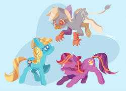 Size: 900x652 | Tagged: safe, artist:cenyo, oc, oc:blue ribbon, oc:quillian, oc:sunset sparkle, classical hippogriff, earth pony, hippogriff, pony, unicorn, trio