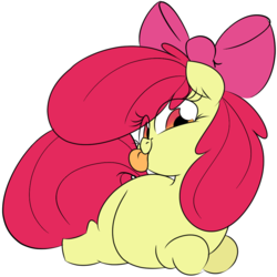 Size: 1011x1009 | Tagged: safe, artist:hattsy, apple bloom, earth pony, pony, :p, adorabloom, adorafatty, apple blob, blank flank, chubby, chubby bloom, cute, eye clipping through hair, fat, female, filly, looking at you, prone, simple background, solo, tongue out, white background