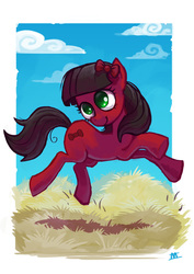 Size: 818x1158 | Tagged: safe, artist:cmaggot, oc, oc only, oc:amelia, earth pony, pony, bow, grass, solo