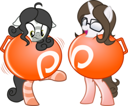 Size: 2626x2175 | Tagged: safe, artist:nxzc88, oc, oc only, oc:pyrisa miracles, oc:sunflower (pyrisamiracles), pony, unicorn, zebra, ball, bipedal, bondage, clothes, duo, eyes closed, female, floppy ears, glasses, handles, happy bondage, high res, inflatable, inflatable suit, latex, latex socks, mare, open mouth, patreon, patreon logo, raised leg, show accurate, simple background, smiling, socks, transparent background, uneasy, varying degrees of want, vector, wobbling, zebra oc