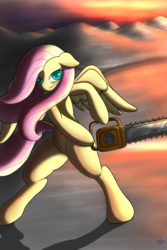 Size: 1200x1800 | Tagged: safe, artist:derpx1, fluttershy, semi-anthro, .mov, shed.mov, g4, arm hooves, bipedal, chainsaw, female, fluttershed, solo