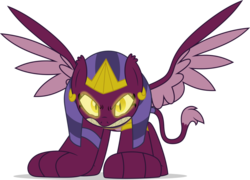 Size: 1054x758 | Tagged: safe, edit, editor:undeadponysoldier, the sphinx, sphinx, g4, angry, badass, crown, fangs, female, glowing eyes, jewelry, looking at you, regalia, simple background, solo, spread wings, teeth, transparent background, wings, yellow eyes