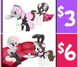 Size: 5400x4656 | Tagged: safe, artist:nxzc88, oc, oc only, oc:pyrisa miracles, oc:spectral wind, oc:violet, pegasus, pony, unicorn, absurd resolution, bedroom eyes, blushing, book, bow, bowtie, bunny ears, bunny suit, chest fluff, choker, clothes, couch, cuffs (clothes), dress, duster, female, floppy ears, glasses, glowing horn, grin, horn, hypnosis, hypnotized, latex, latex socks, leotard, levitation, looking at each other, magic, maid, maid headdress, mare, mouth hold, patreon, pigtails, prices, raised hoof, reading, role reversal, show accurate, simple background, sitting, smiling, socks, swirly eyes, tail bow, telekinesis, tray, vector, waitress, white background