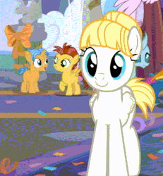 Size: 500x540 | Tagged: safe, screencap, citrus bit, flash magnus, gallus, hyper sonic, lemon crumble, ocellus, silverstream, smolder, summer breeze, changedling, changeling, classical hippogriff, dragon, earth pony, griffon, hippogriff, pegasus, pony, unicorn, g4, she's all yak, animated, animation error, bust, colt, confetti, cropped, cute, feathered wings, female, foal, friendship student, hair bun, hoof on chin, male, offscreen character, solo focus, waving, wing hands, wing wave, wings