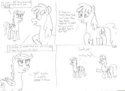 Size: 2338x1700 | Tagged: safe, artist:moonlight bloom, berry punch, berryshine, scootaloo, earth pony, pegasus, pony, g4, adopted, angry, black and white, comic, crying, duo, female, grayscale, headcanon, headcanon in the description, jossed, lineart, mare, monochrome, mother and daughter, parent:berry punch, scootadoption, scootaloo's parents, teenager, traditional art
