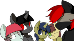 Size: 1324x745 | Tagged: artist needed, safe, oc, oc:abel, oc:ada, oc:claudia, oc:dismas, oc:gestas, earth pony, pegasus, pony, unicorn, blindfold, chest fluff, cute, d'lirium, red and black oc, smiling