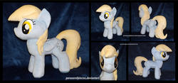 Size: 1600x749 | Tagged: safe, artist:peruserofpieces, derpy hooves, pegasus, pony, g4, facing away, female, folded wings, front view, irl, mare, photo, plushie, profile, smiling, solo, toy, wings